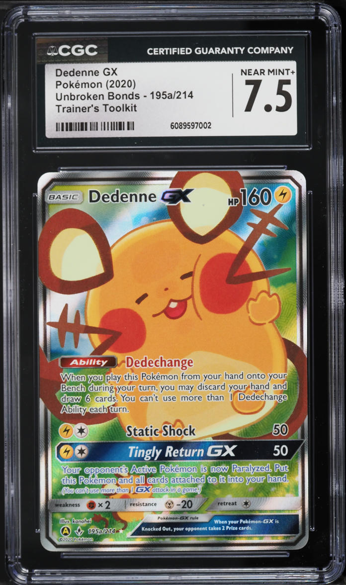 2020 Pokemon SM Unbroken Bonds Trainer's Toolkit Full Art Dedenne GX #195a CGC 7.5 NRMT+