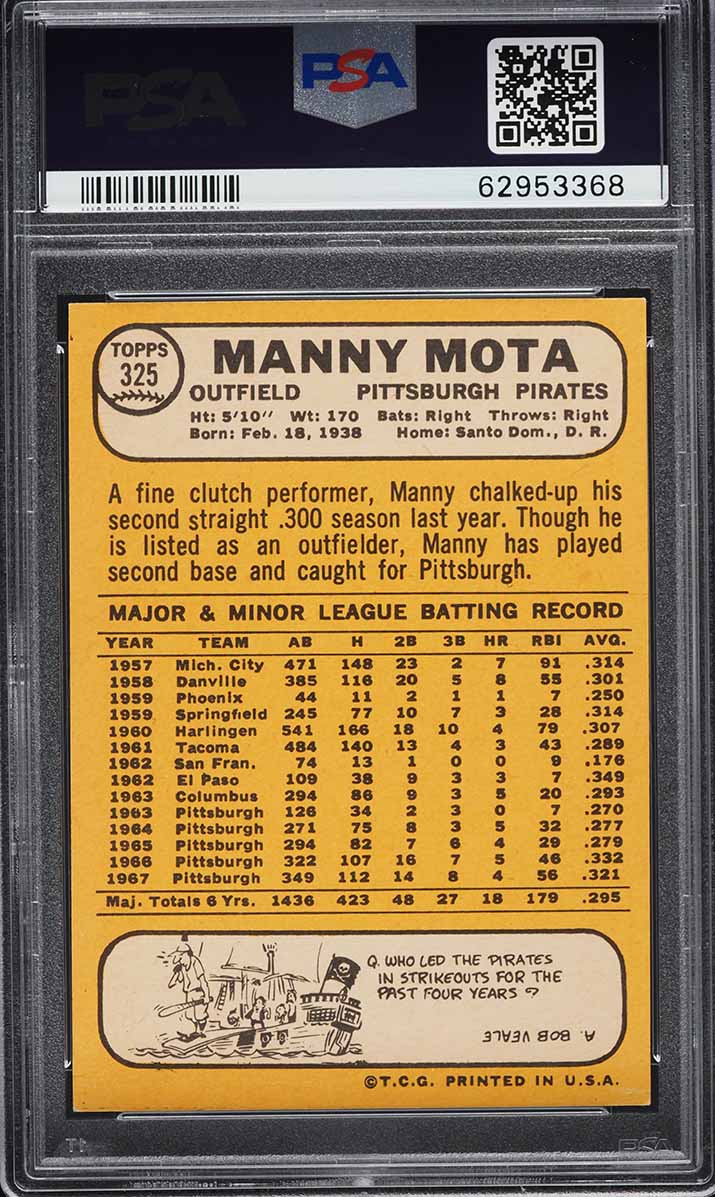 1968 Topps Manny Mota #325 PSA 6 EXMT