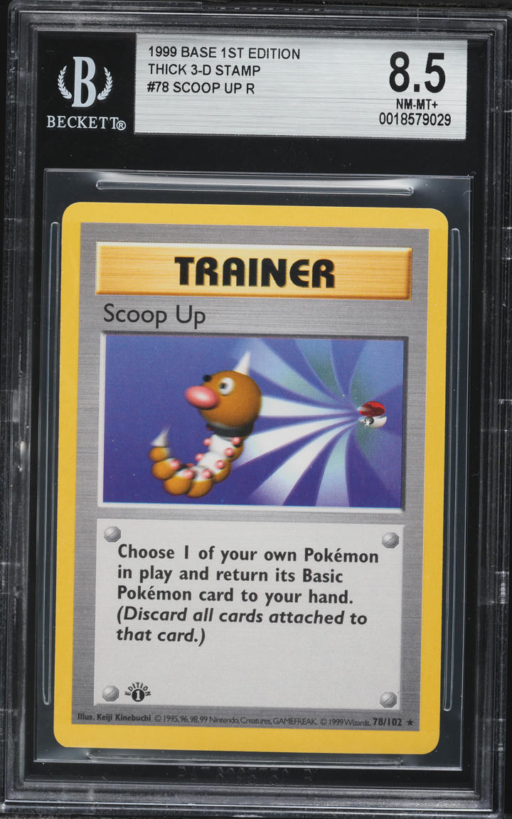 1999 Pokemon Base Set 1st Edition 3D Thick Stamp Scoop Up #78 BGS 8.5 NM-MT+