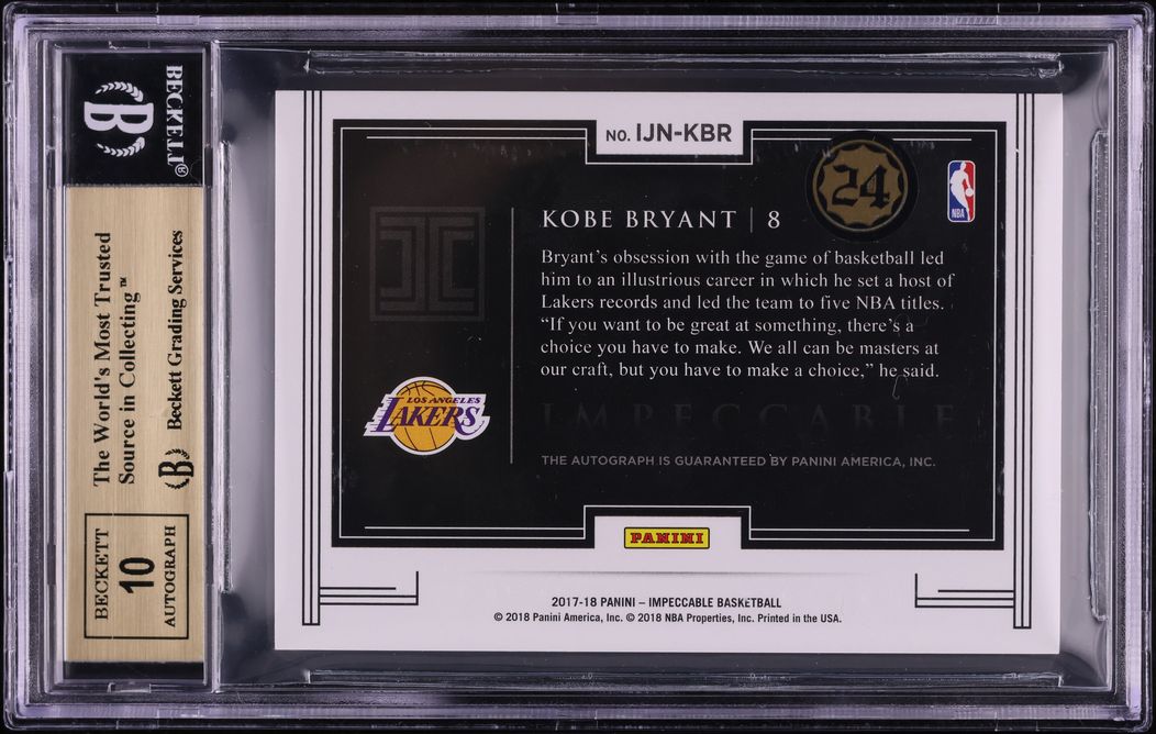 2017 Panini Impeccable Numbers Kobe Bryant AUTO /8 #IJN-KBR BGS 9.5 GEM MINT