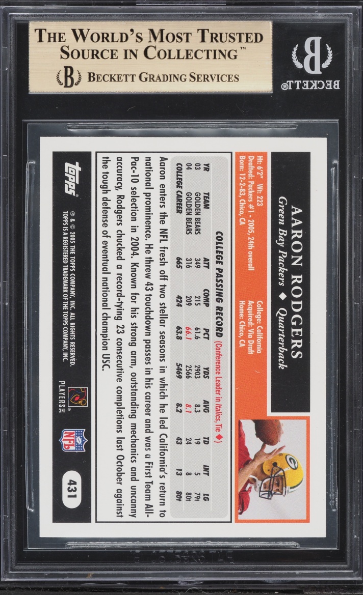 2005 Topps Football Aaron Rodgers ROOKIE #431 BGS 9.5 GEM MINT