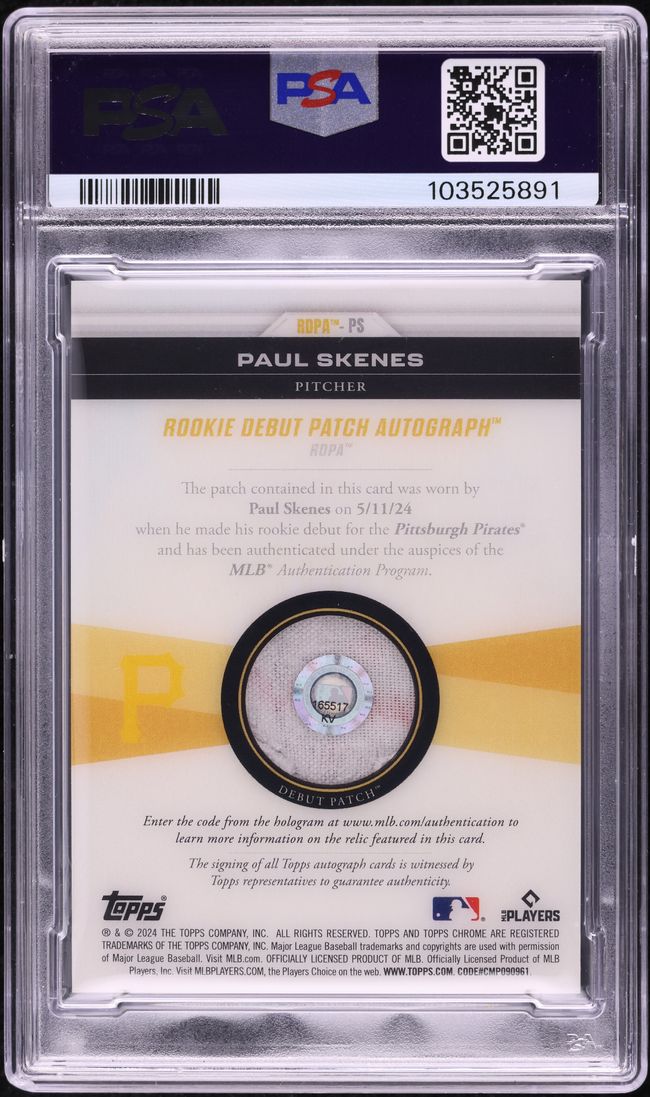 2024 Topps Chrome Update Paul Skenes RC MLB DEBUT PATCH AUTO DNA 10 1/1 PSA 10