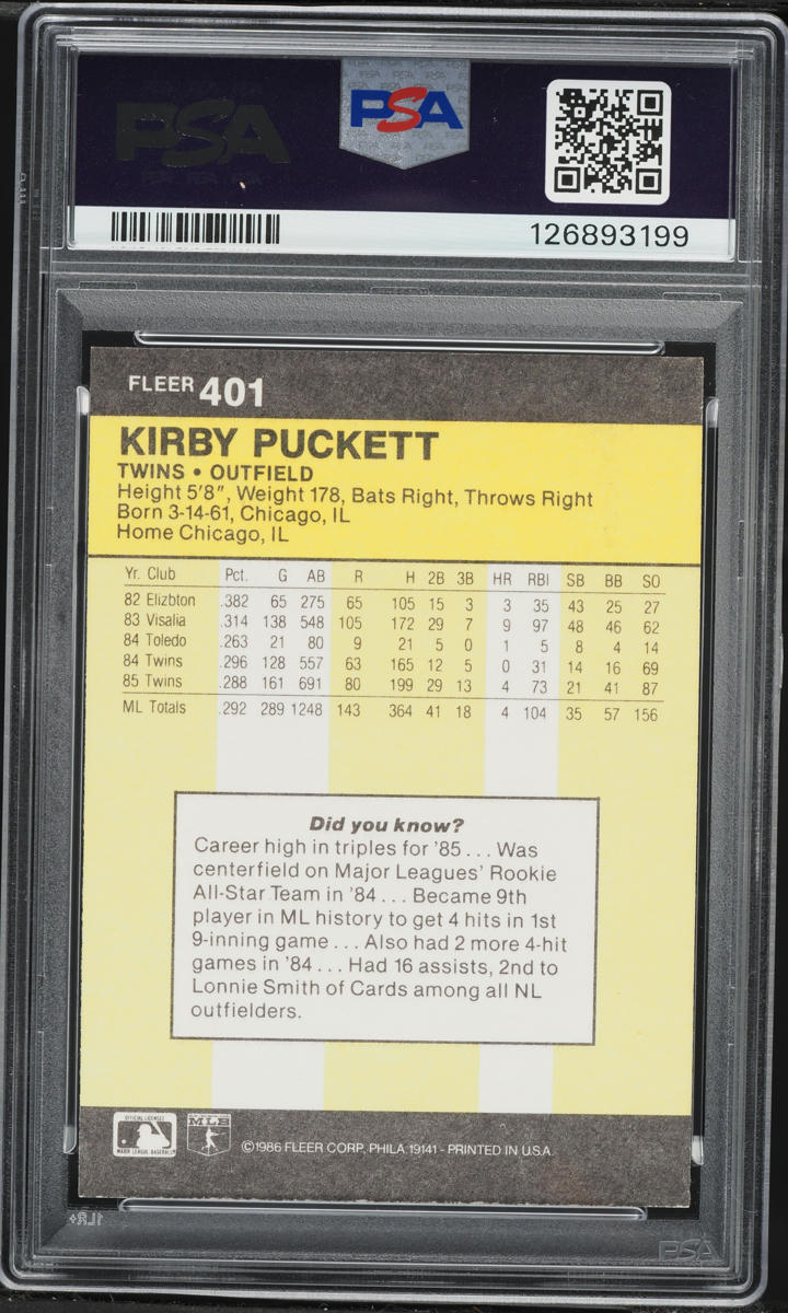 1986 Fleer Kirby Puckett #401 PSA 7 NRMT