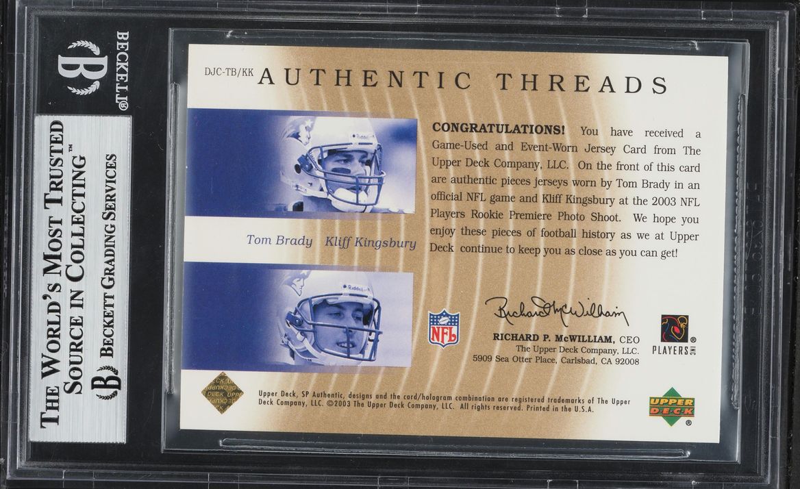 2003 SP Authentic Threads Doubles Gold Tom Brady & Kliff Kingsbury PATCH 1/25 #TBKK BGS 9 MINT