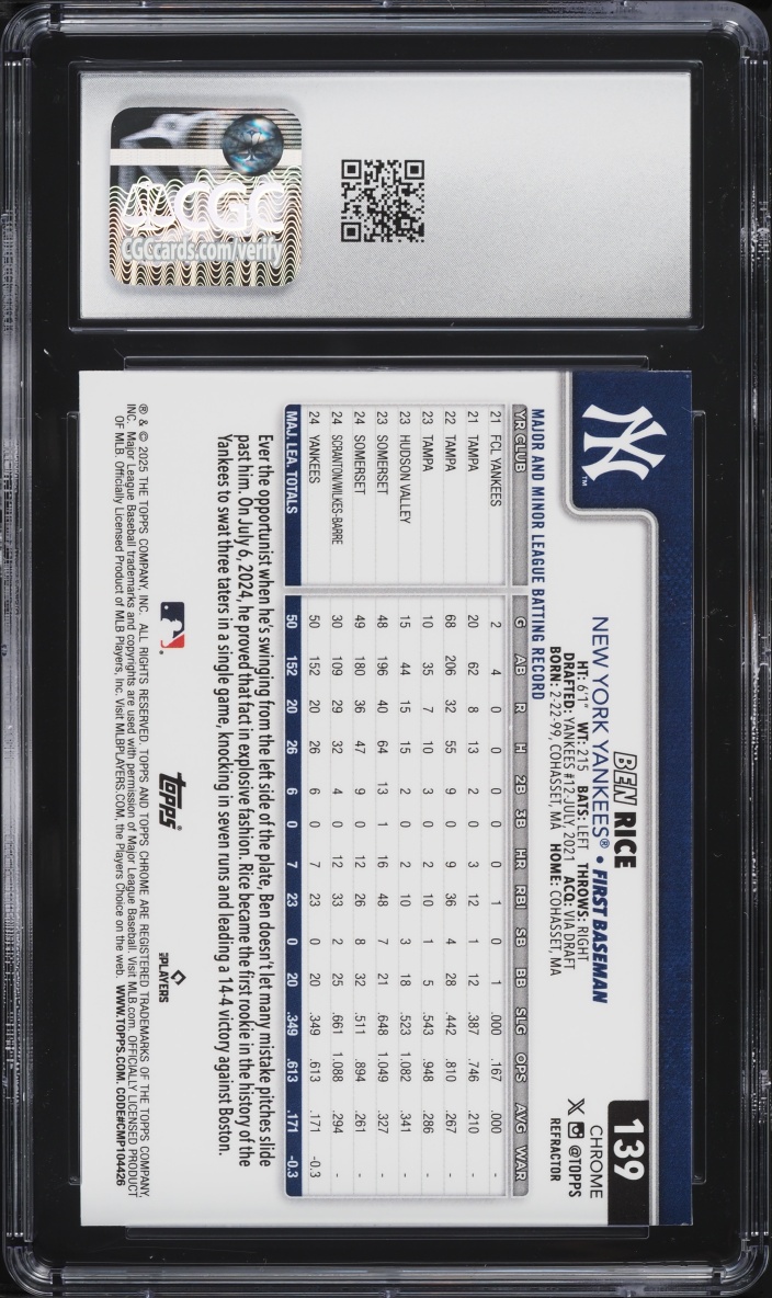 2025 Topps Chrome Refractor Ben Rice ROOKIE #139 CGC 9 MINT