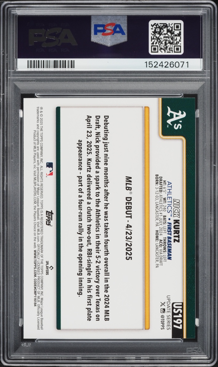 2025 Topps Update Nick Kurtz ROOKIE #US197 PSA 10 GEM MINT