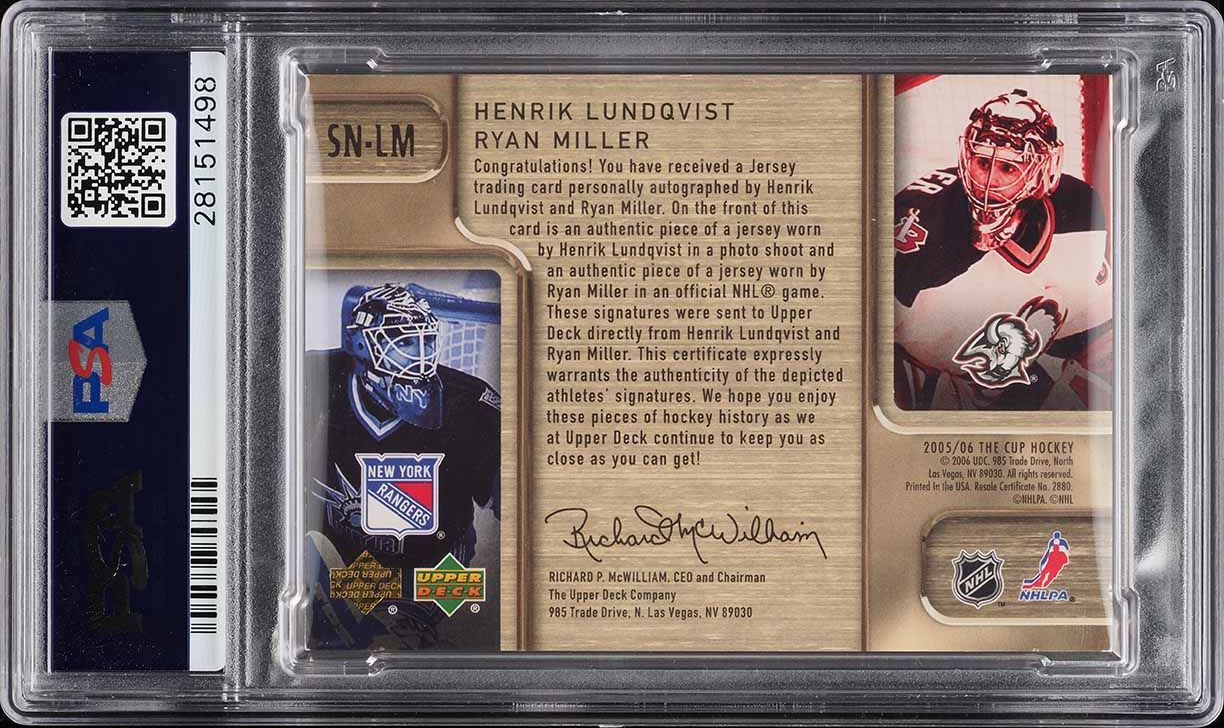 2005 Upper Deck The Cup Scripted Henrik Lundqvist Ryan Miller ROOKIE PATCH AUTO /30 PSA 9 MINT