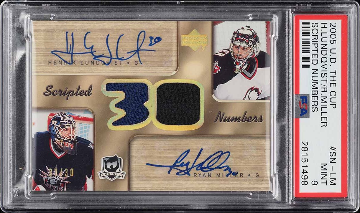 2005 Upper Deck The Cup Scripted Henrik Lundqvist Ryan Miller ROOKIE PATCH AUTO /30 PSA 9 MINT