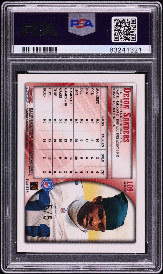 1998 Bowman Chrome Golden Anniversary Refractor Deion Sanders 5/5 #109 PSA 9 MINT