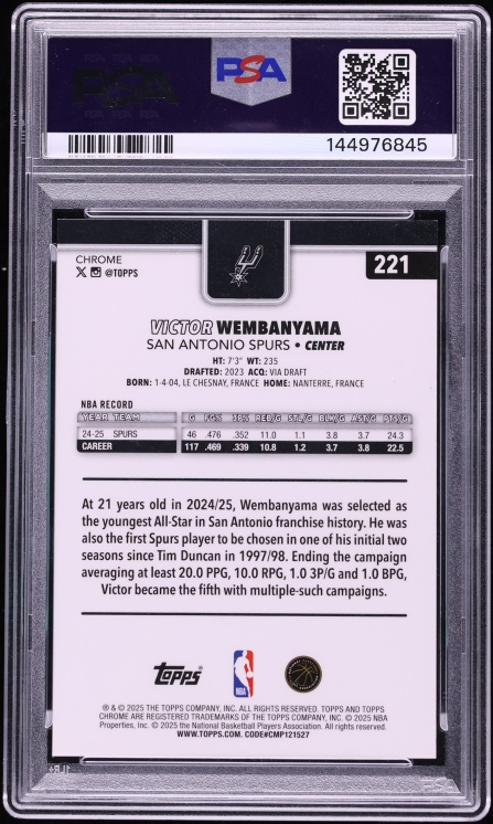 2025 Topps Chrome Black Geometric Victor Wembanyama JERSEY # 1/10 #221 PSA 8 NM-MT