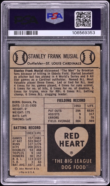 1954 Red Heart Stan Musial SHORT PRINT PSA 3 VG