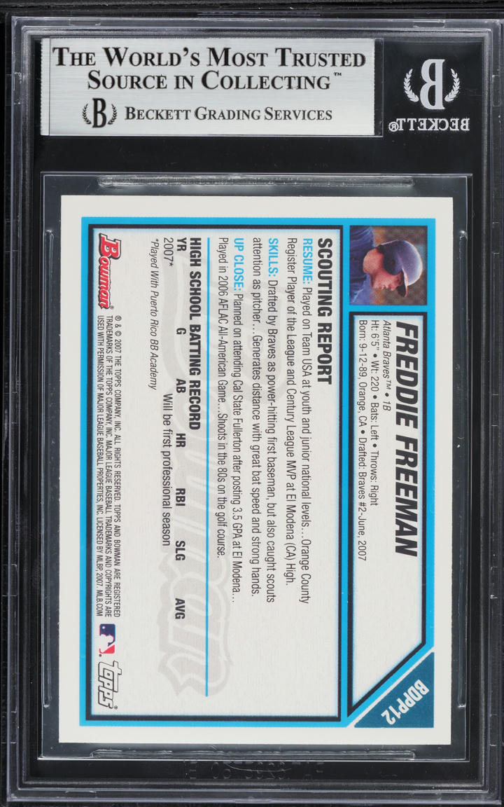 2007 Bowman Draft Picks Freddie Freeman PROSPECT #BDPP12 BGS 9 MINT