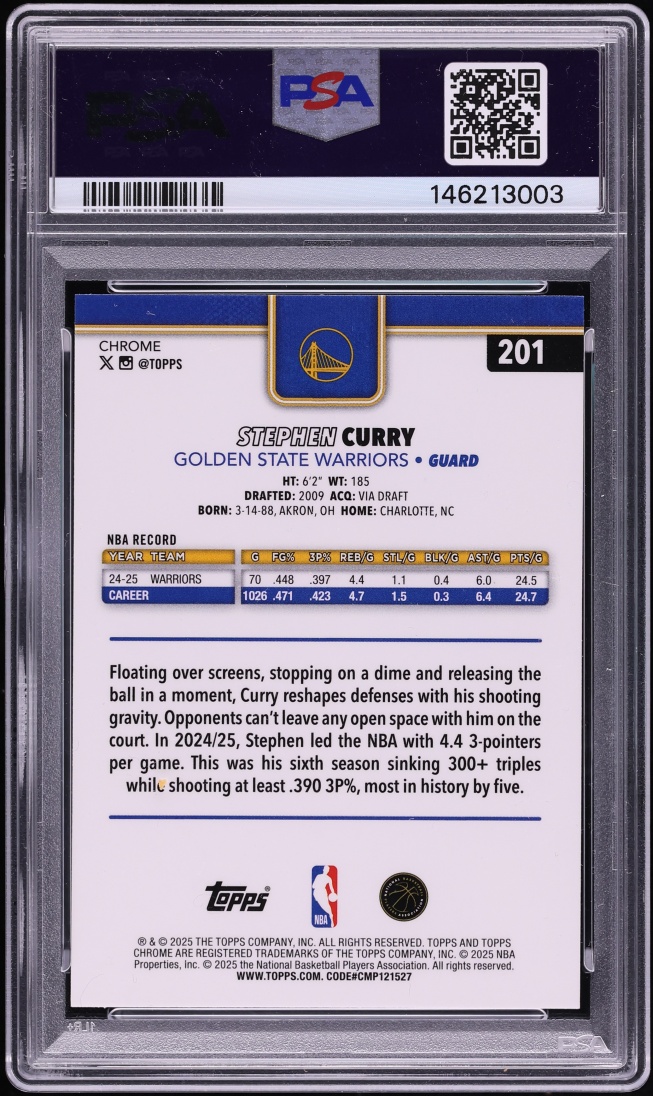 2025 Topps Chrome Blue Refractor Stephen Curry /150 #201 PSA 9 MINT