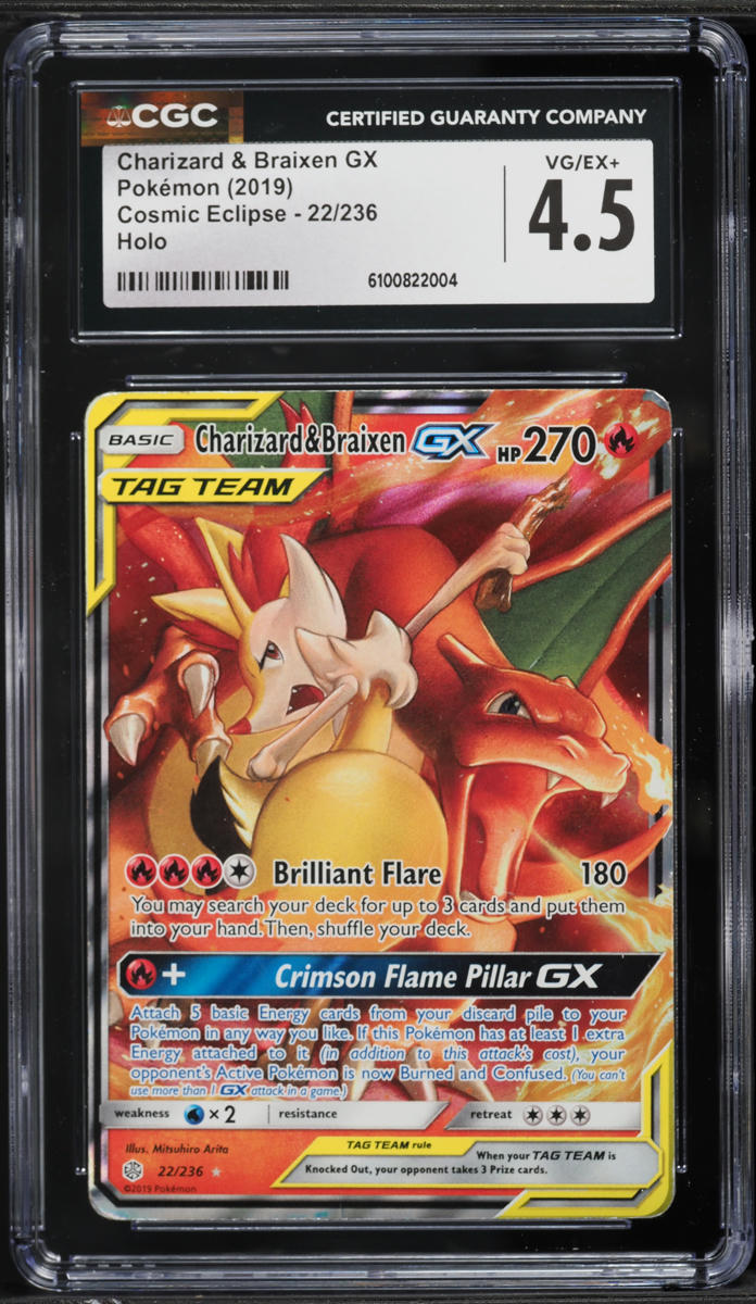 2019 Pokemon Sun & Moon Cosmic Eclipse Holo Charizard & Braixen GX #22 CGC 4.5 VGEX+