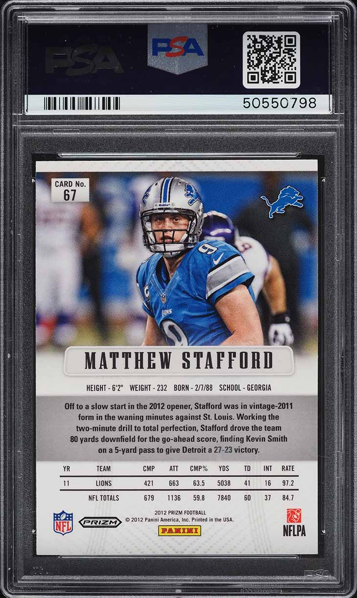2012 Panini Prizm Silver Matthew Stafford #67 PSA 10 GEM MINT - Photo 2