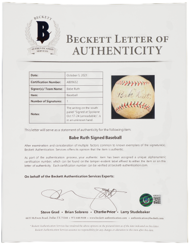 1924 Babe Ruth Single Signed Baseball - PSA/DNA & Beckett LOA's