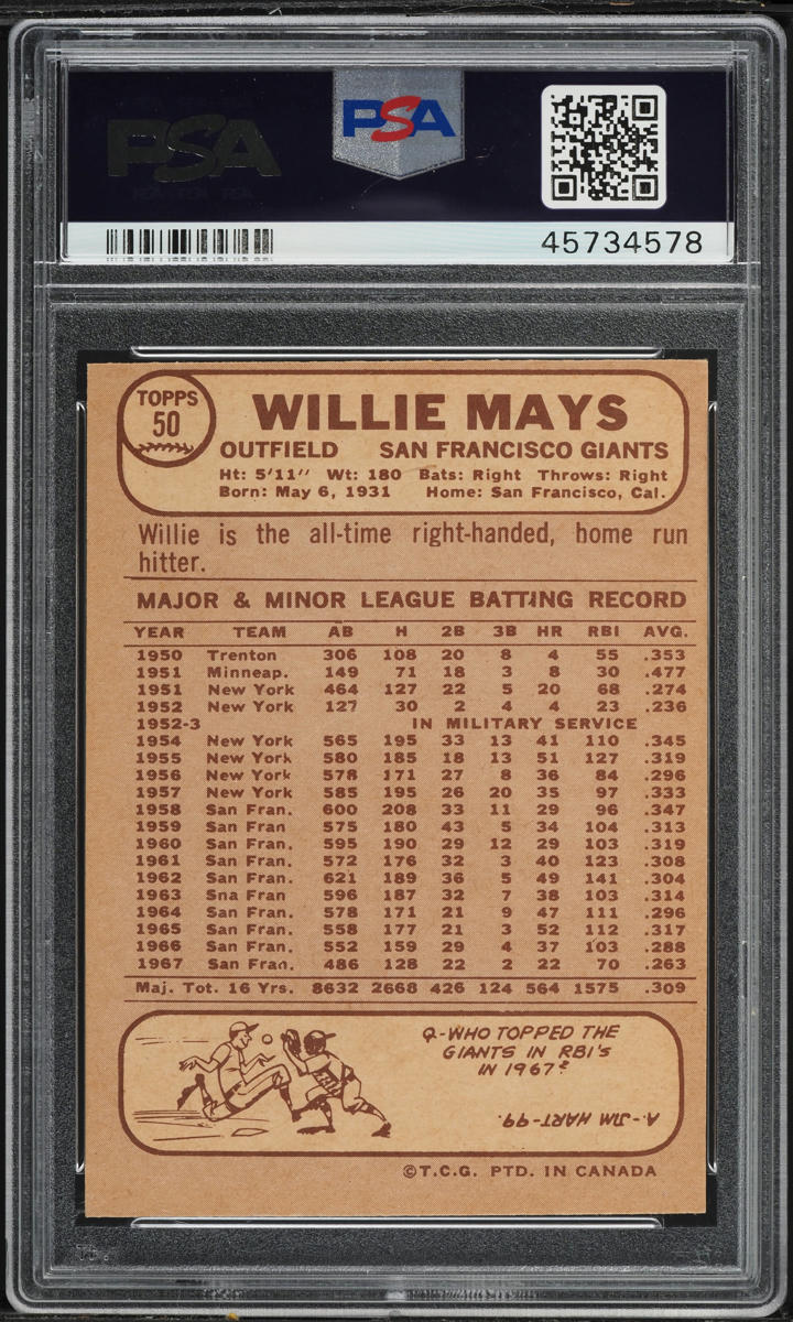1968 O-Pee-Chee Willie Mays #50 PSA 6 EXMT
