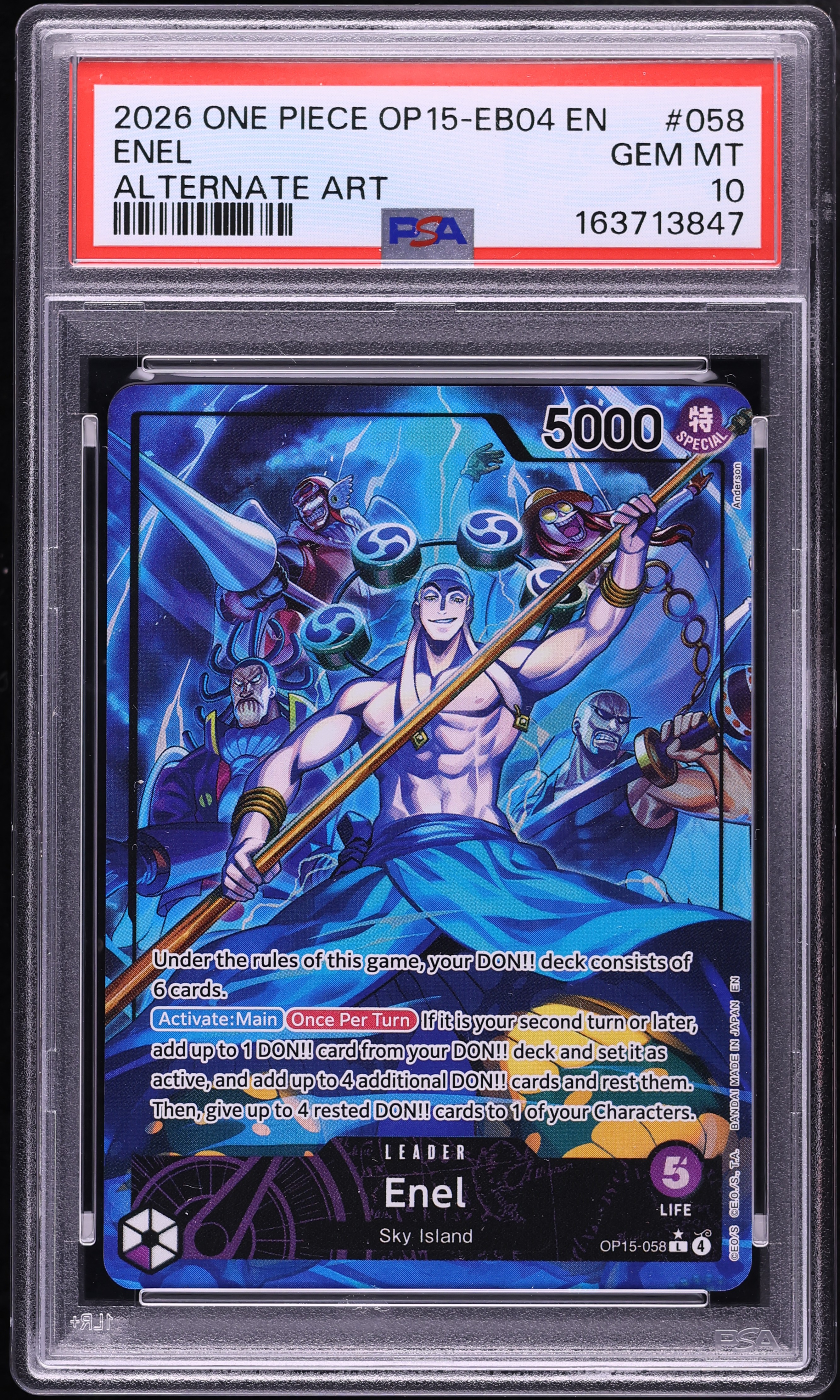 2026 One Piece Adventure On Kami's Island Alt Art Leader Enel #OP15-058 PSA 10 GEM MINT
