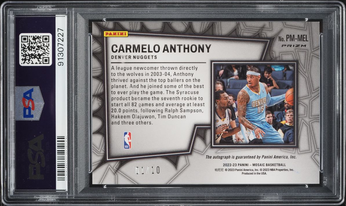 2022 Panini Mosaic Pictographs Mosaic Gold Carmelo Anthony AUTO 1/10 #PMMEL PSA 9 MINT