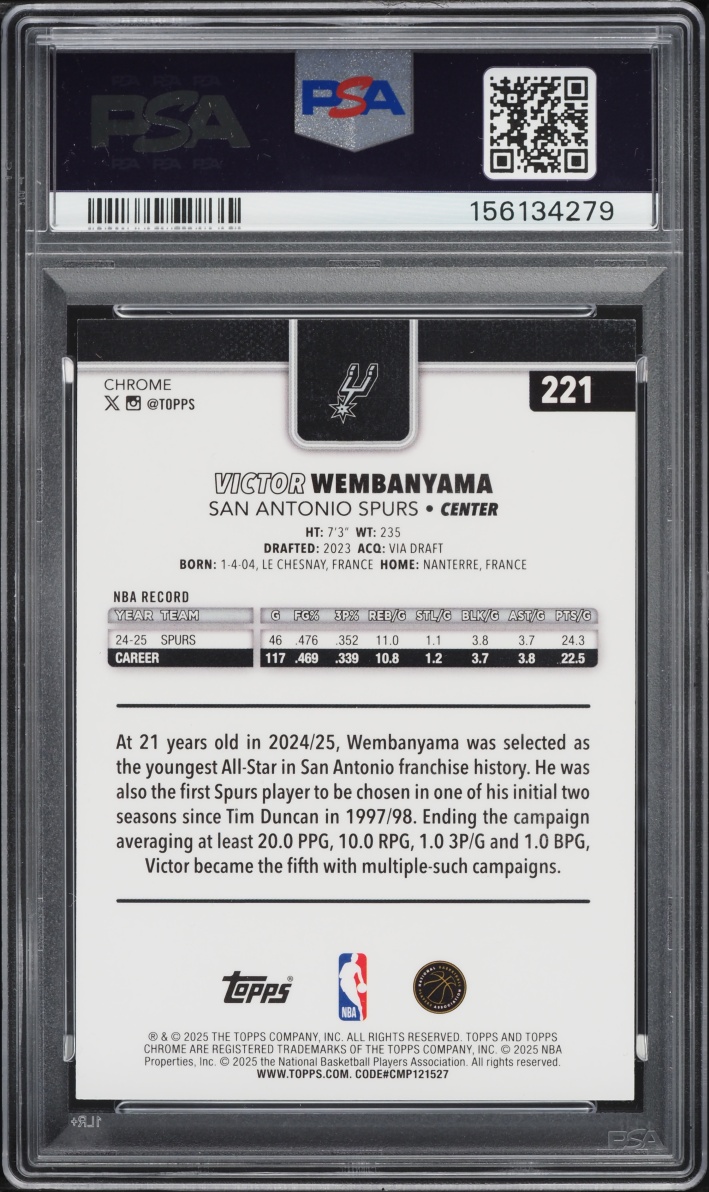 2025 Topps Chrome Purple Raywave Victor Wembanyama /75 #221 PSA 9 MINT