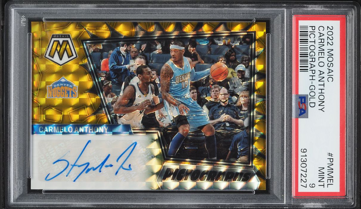 2022 Panini Mosaic Pictographs Mosaic Gold Carmelo Anthony AUTO 1/10 #PMMEL PSA 9 MINT