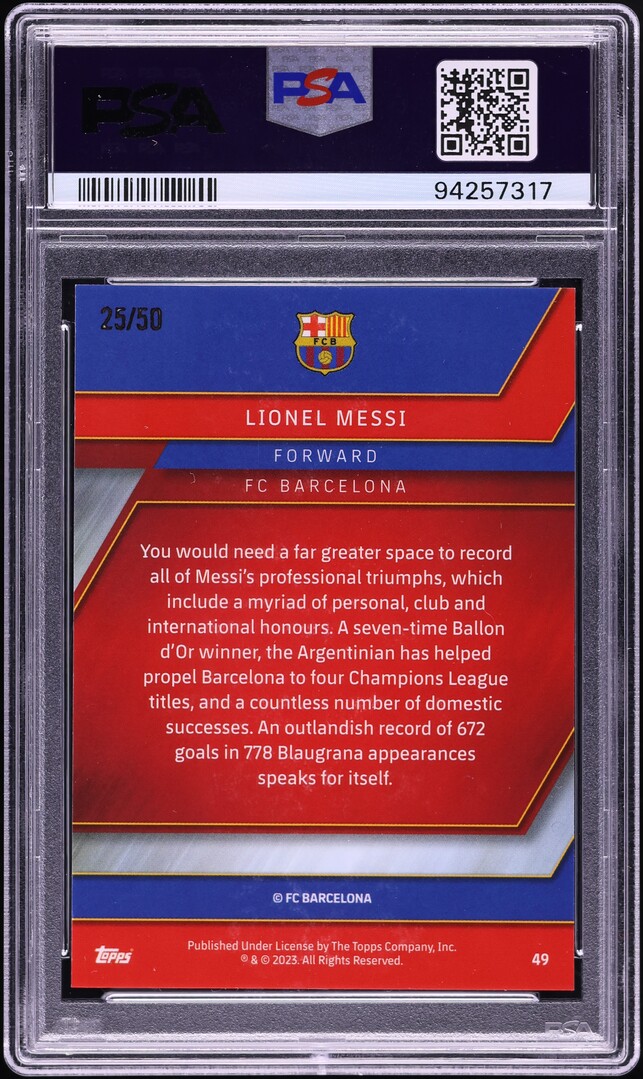 2022 Topps Chrome FC Barcelona Mes Que Un Club Gold Lionel Messi /50 #49 PSA 9