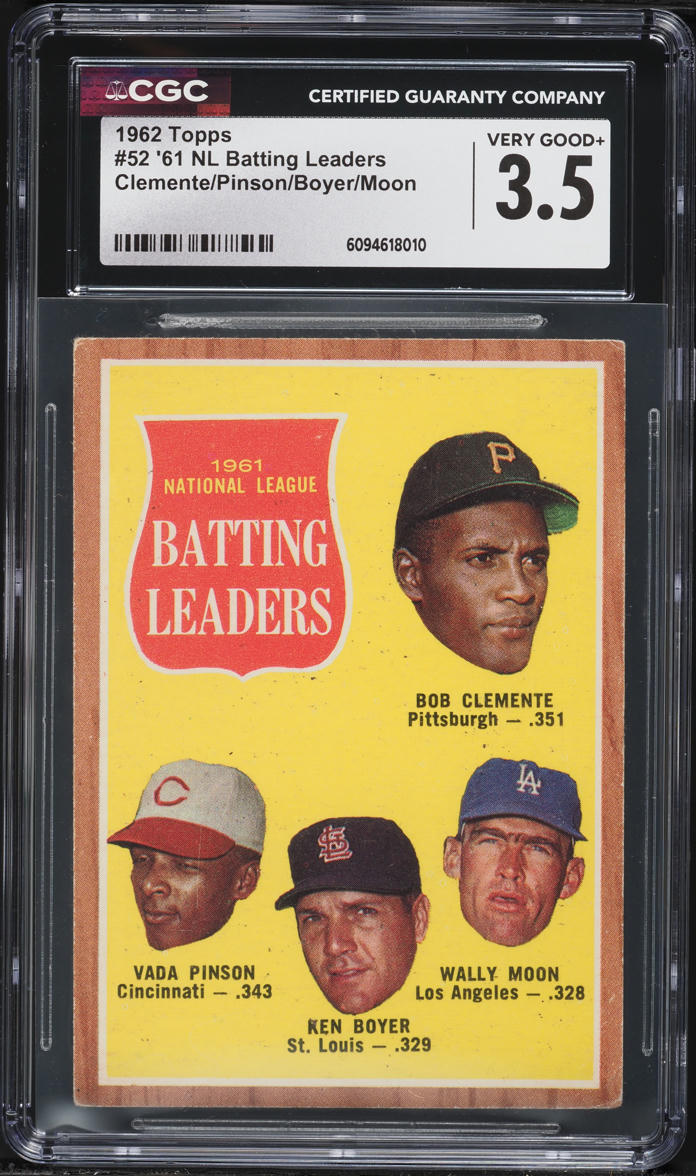 1962 Topps Roberto Clemente Vada Pinson Ken Boyer Wally Moon NL BATTING LEADERS #52 CGC 3.5 VG+