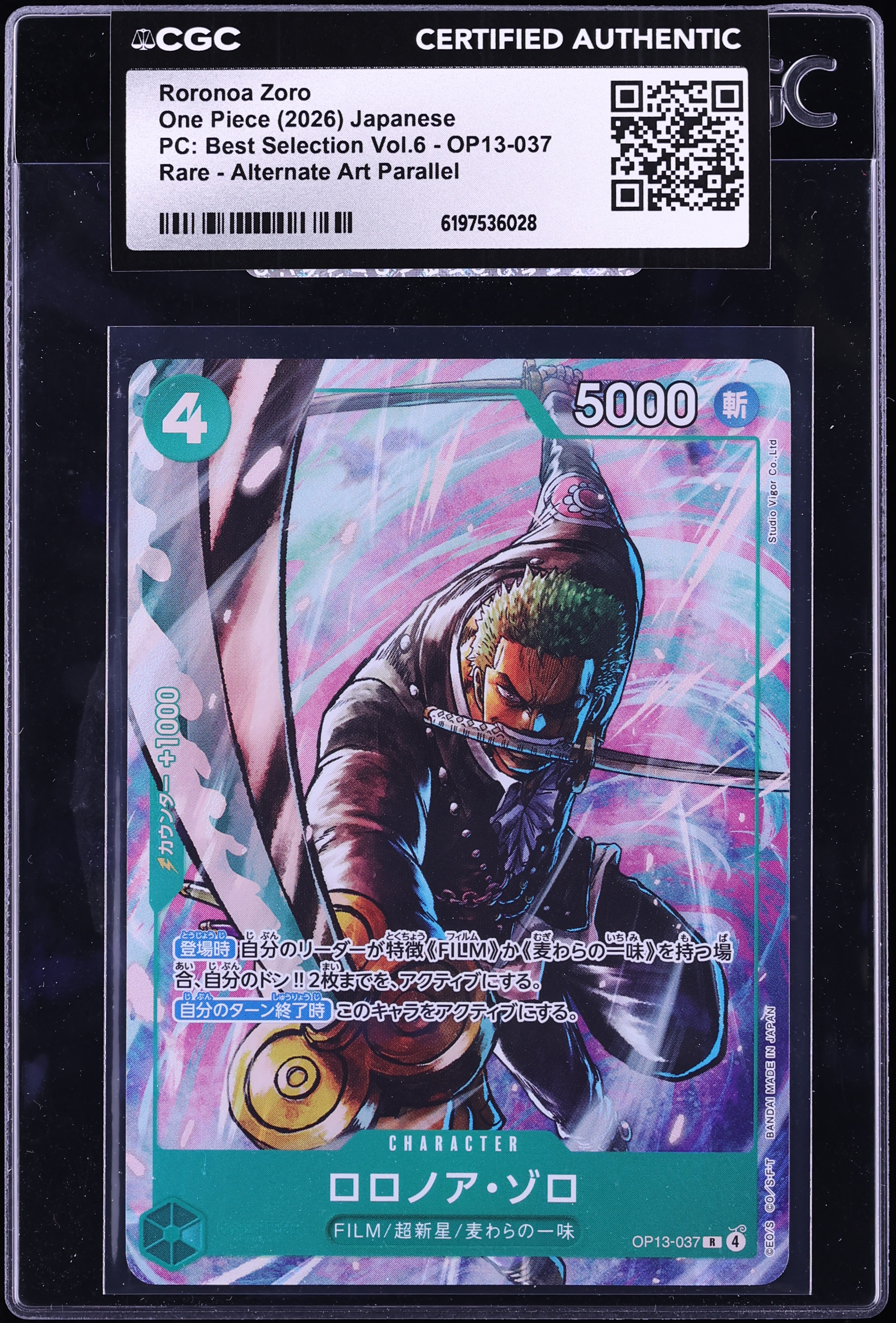 2026 One Piece Japanese PC: Best Selection Vol.6 Alt Art Roronoa Zoro #OP13-037 CGC AUTH