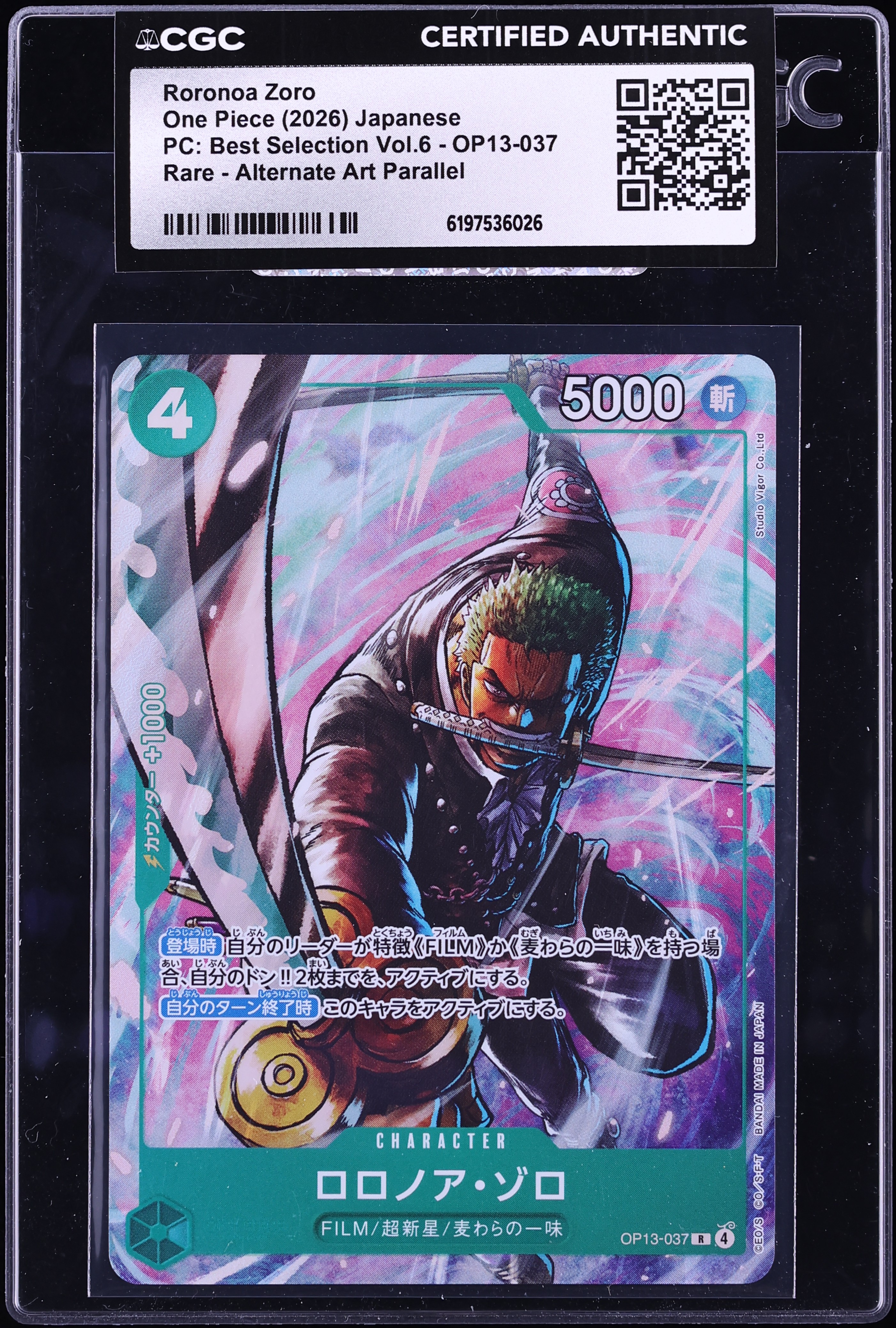 2026 One Piece Japanese PC: Best Selection Vol.6 Alt Art Roronoa Zoro #OP13-037 CGC AUTH