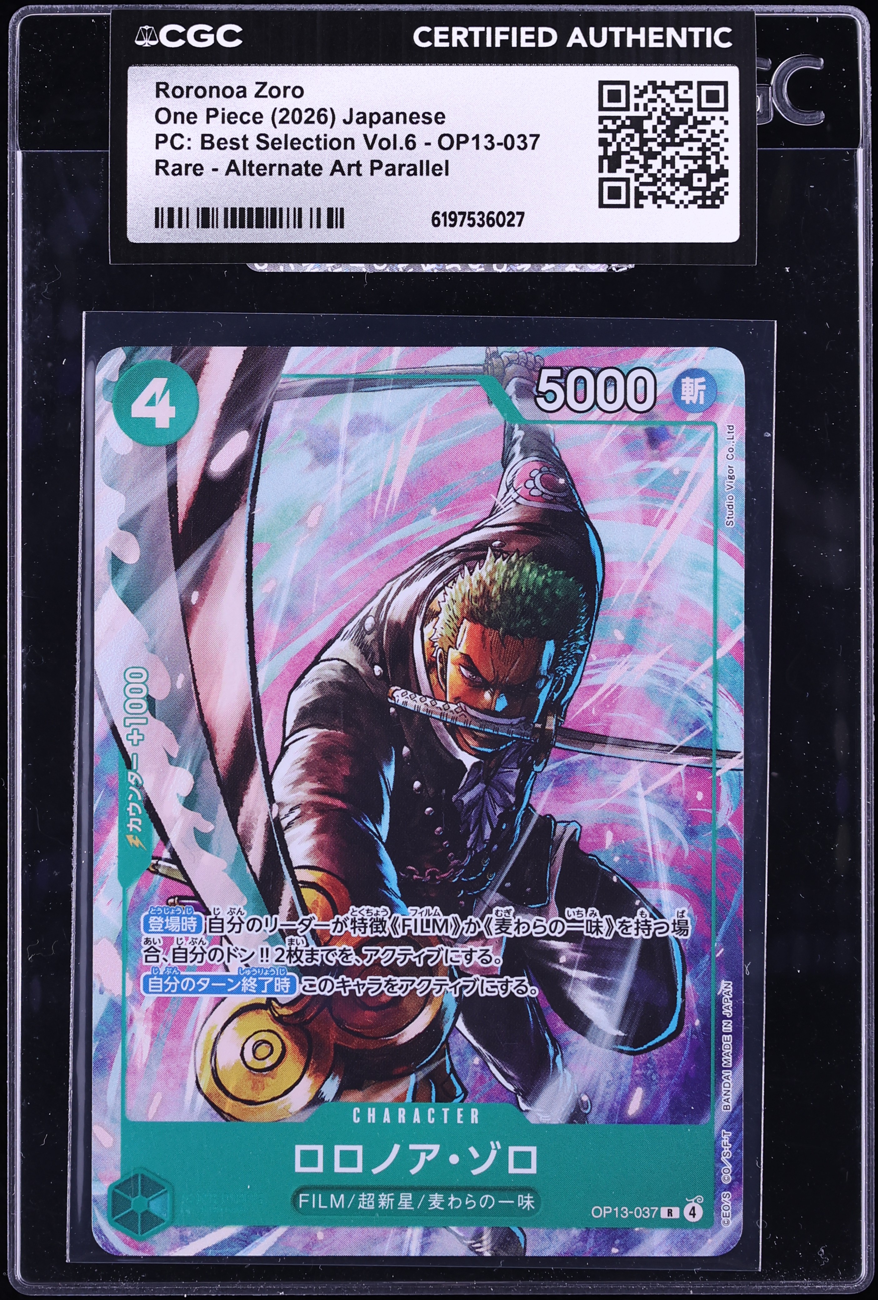 2026 One Piece Japanese PC: Best Selection Vol.6 Alt Art Roronoa Zoro #OP13-037 CGC AUTH