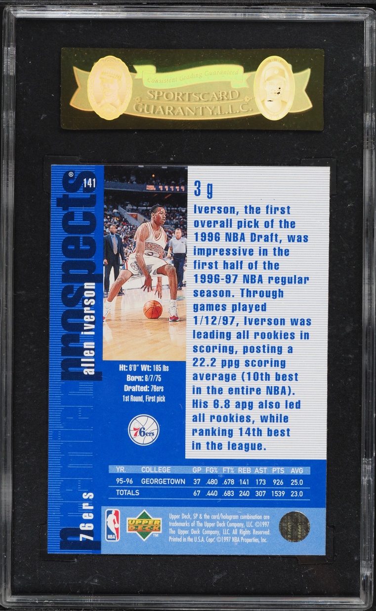 1996 SP Basketball Allen Iverson ROOKIE #141 SGC 9 MINT