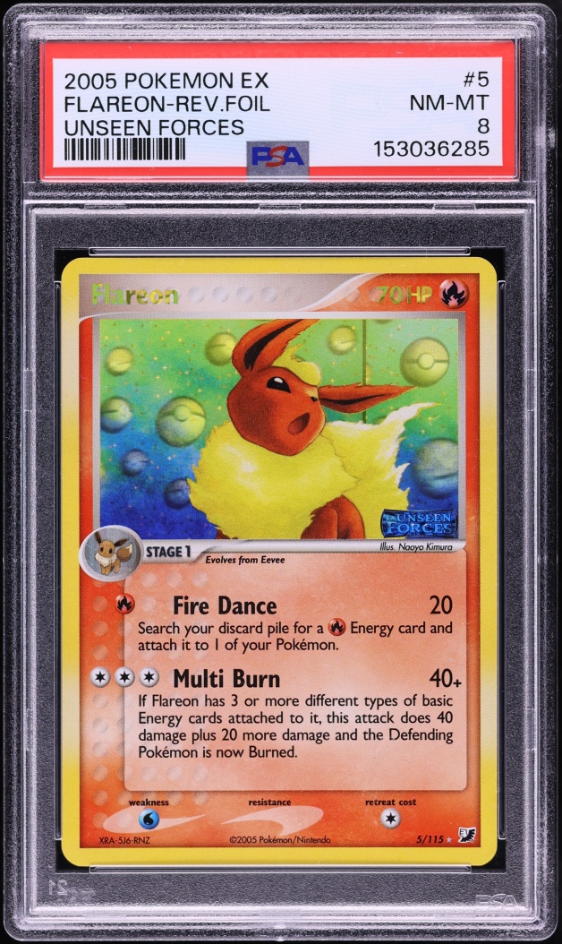 2005 Pokemon EX Unseen Forces Reverse Holo Flareon #5 PSA 8 NM-MT