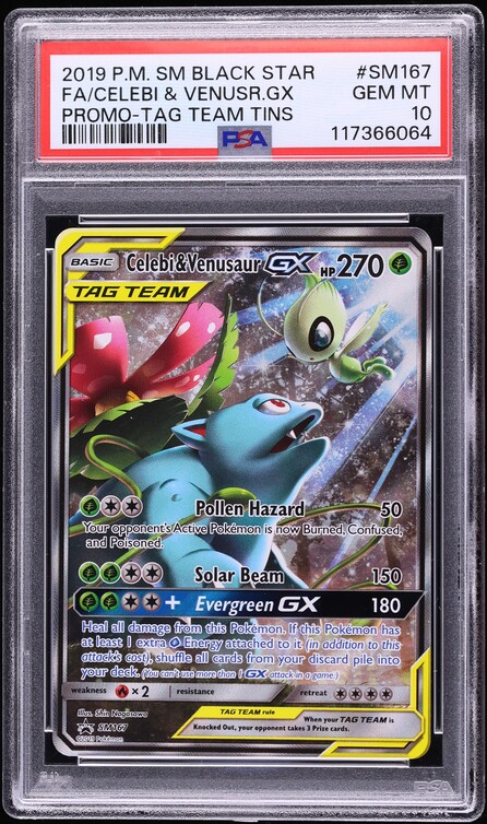 2019 Pokemon Sun & Moon Promo Tag Team Tin Full Art Celebi & Venusaur GX #SM167 PSA 10 GEM MINT