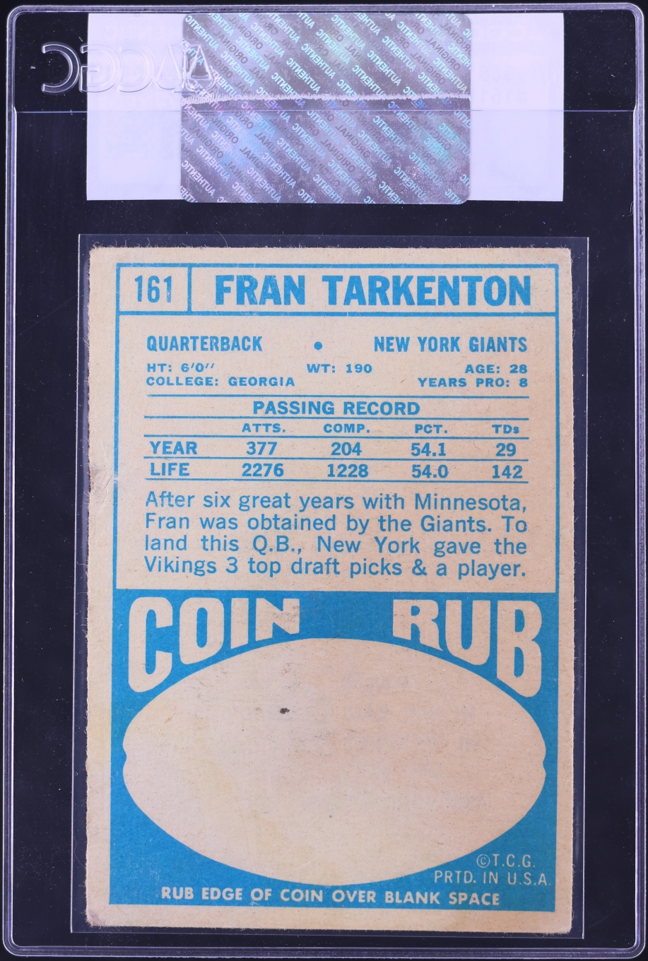 1968 Topps Football Fran Tarkenton #161 CGC AUTH