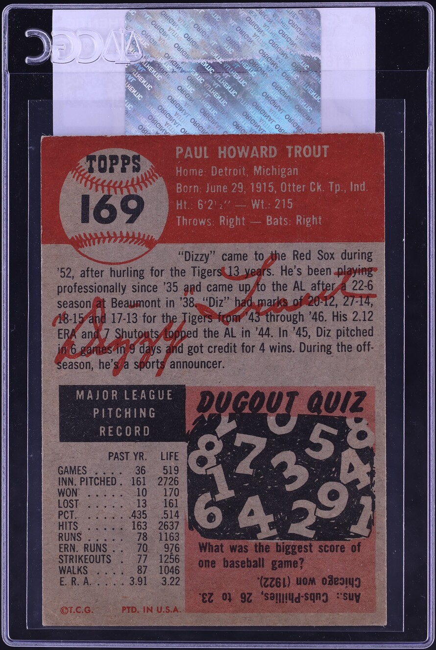 1953 Topps Dizzy Trout #169 CGC AUTH