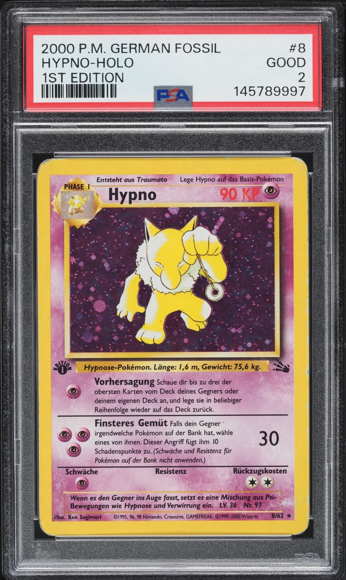 2000 Pokemon German Fossil 1st Edition Holo Hypno #8 PSA 2 Gd