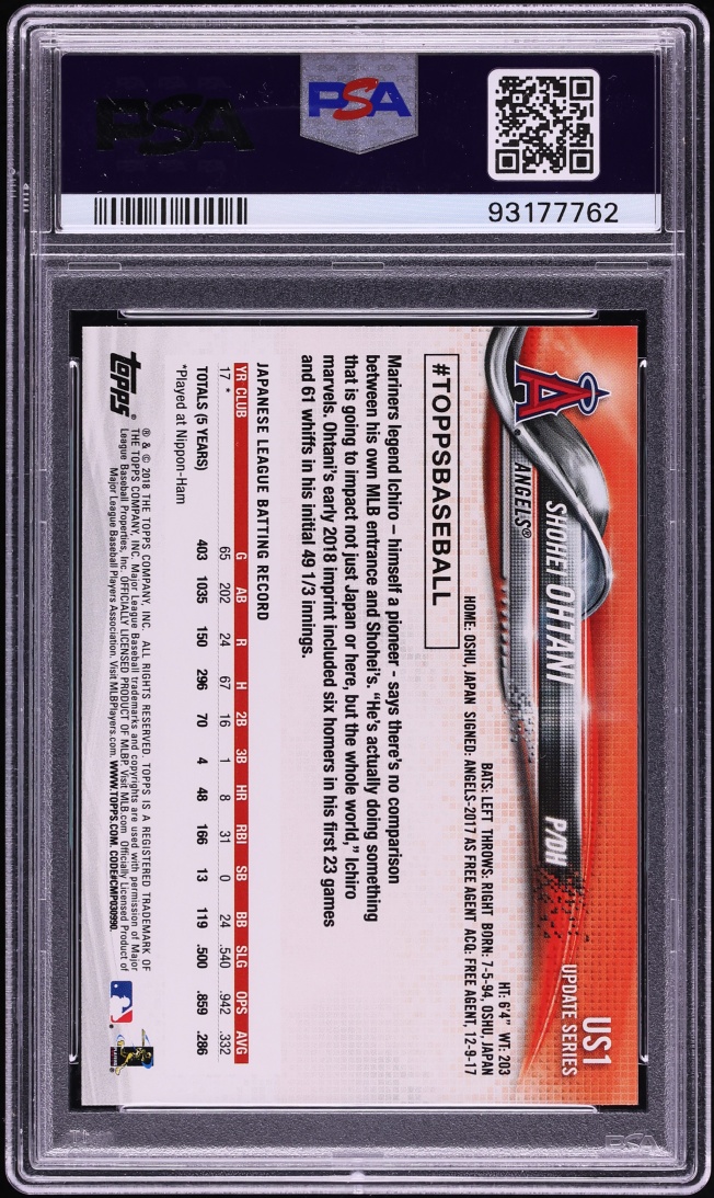 2018 Topps Update Shohei Ohtani ROOKIE #US1 PSA 10 GEM MINT