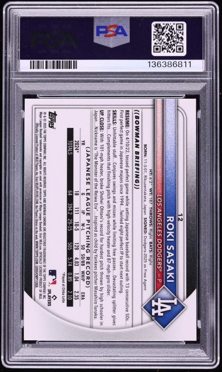 2025 Bowman Chrome Sapphire Padparadscha Roki Sasaki ROOKIE 1/1 #12 PSA 10 GEM MINT