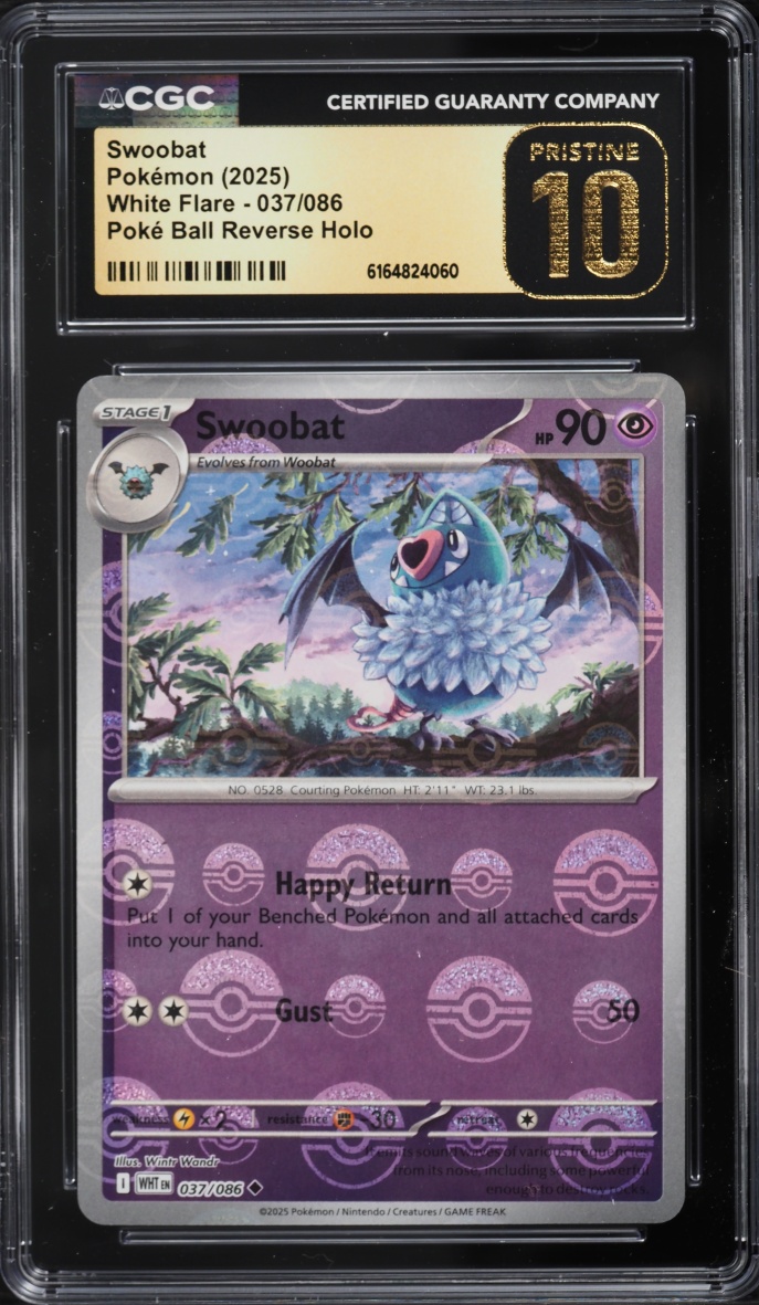 2025 Pokemon Scarlet & Violet White Flare Poke Ball Reverse Holo Swoobat #037 CGC 10 PRISTINE