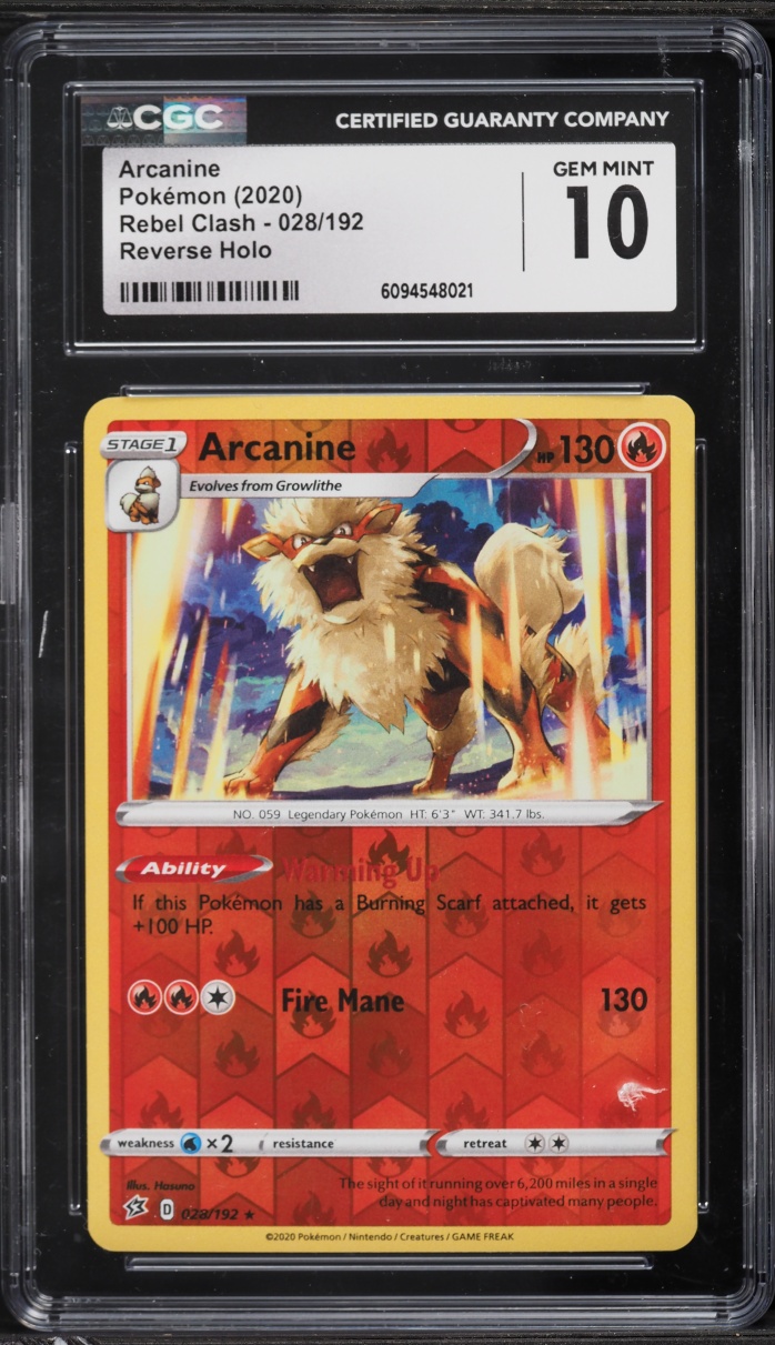 2020 Pokemon Sword & Shield Rebel Clash Reverse Holo Arcanine #028 CGC 10 GEM MINT