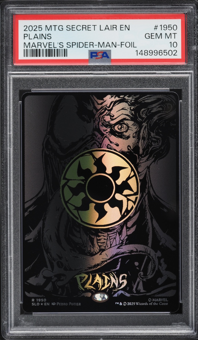 2025 Magic The Gathering MTG Secret Lair Drop Marvel's Spider-Man Foil Plains #1950 PSA 10 GEM
