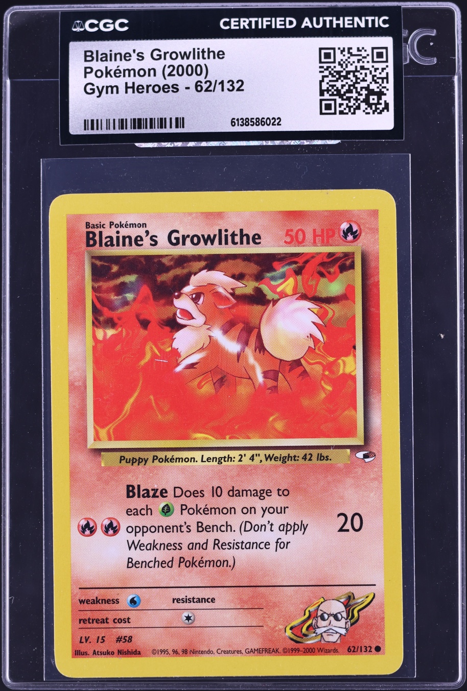 2000 Pokemon Gym Heroes Blaine's Growlithe #62 CGC AUTH