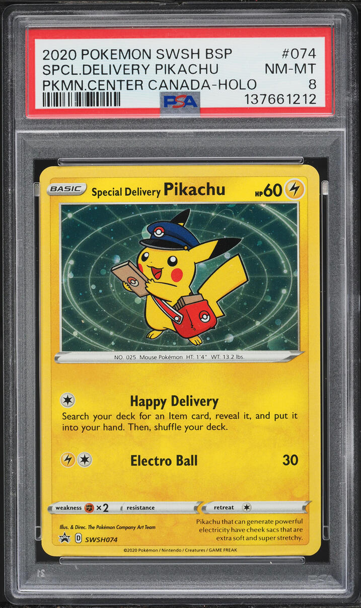2020 Pokemon Sword & Shield Promo Center Canada Holo Special Delivery Pikachu #74 PSA 8 NM-MT