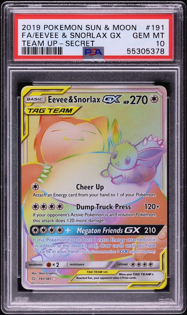 2019 Pokemon Sun & Moon Team Up Rainbow Rare Eevee & Snorlax GX #191 PSA 10 GEM MINT