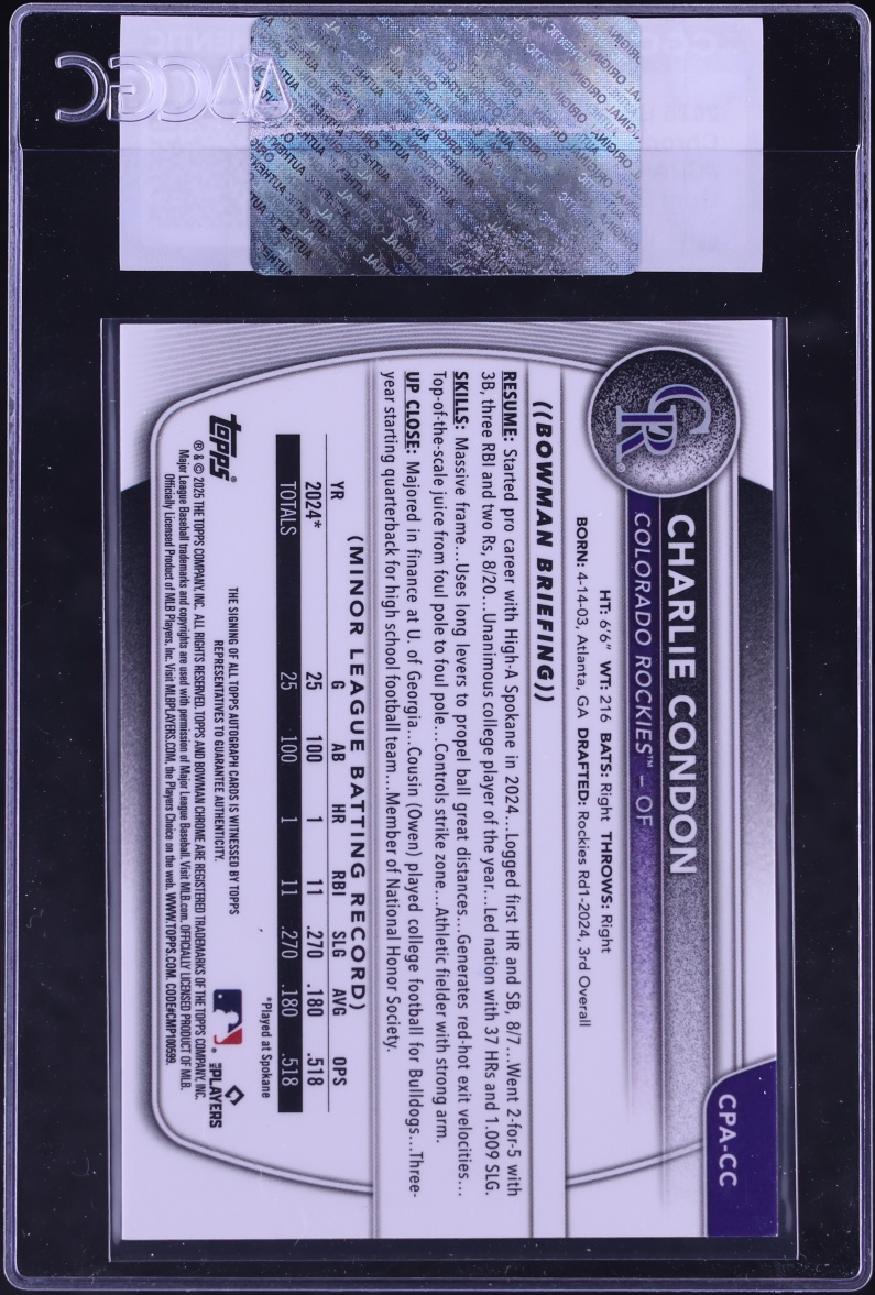 2025 Bowman Chrome Gum Ball Refractor Charlie Condon PROSPECT AUTO /5 #CPA-CC CGC AUTH
