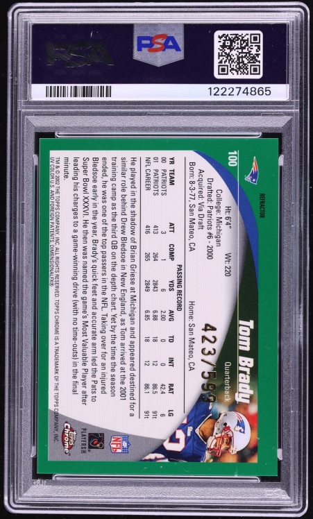 2002 Topps Chrome Black Refractor Tom Brady /599 #100 PSA 9 MINT - Photo 2