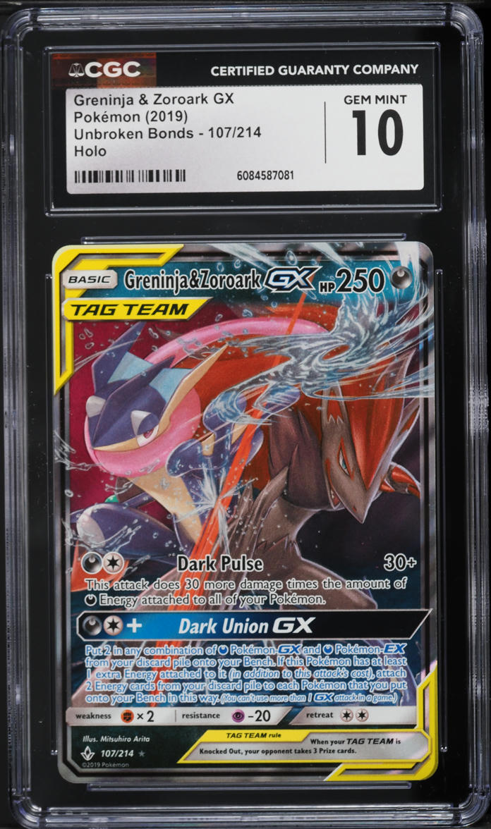 2019 Pokemon Sun & Moon Unbroken Bonds Holo Greninja & Zoroark GX #107 CGC 10 GEM MINT