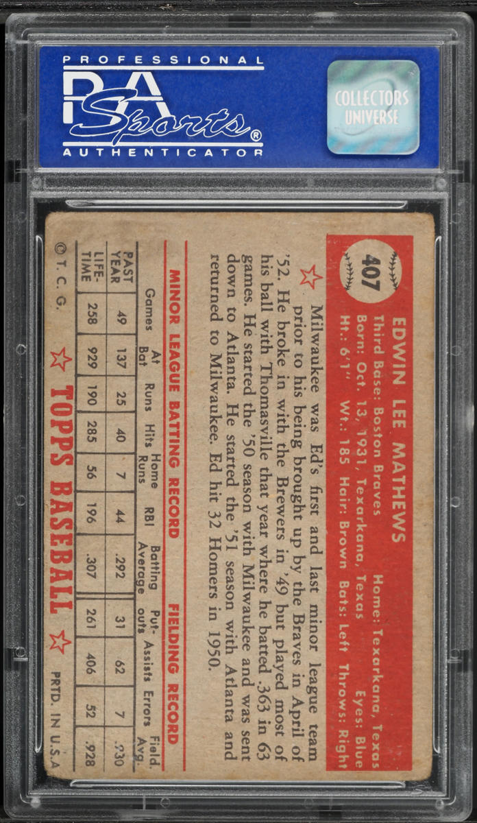 1952 Topps Eddie Mathews ROOKIE #407 PSA 1 PR