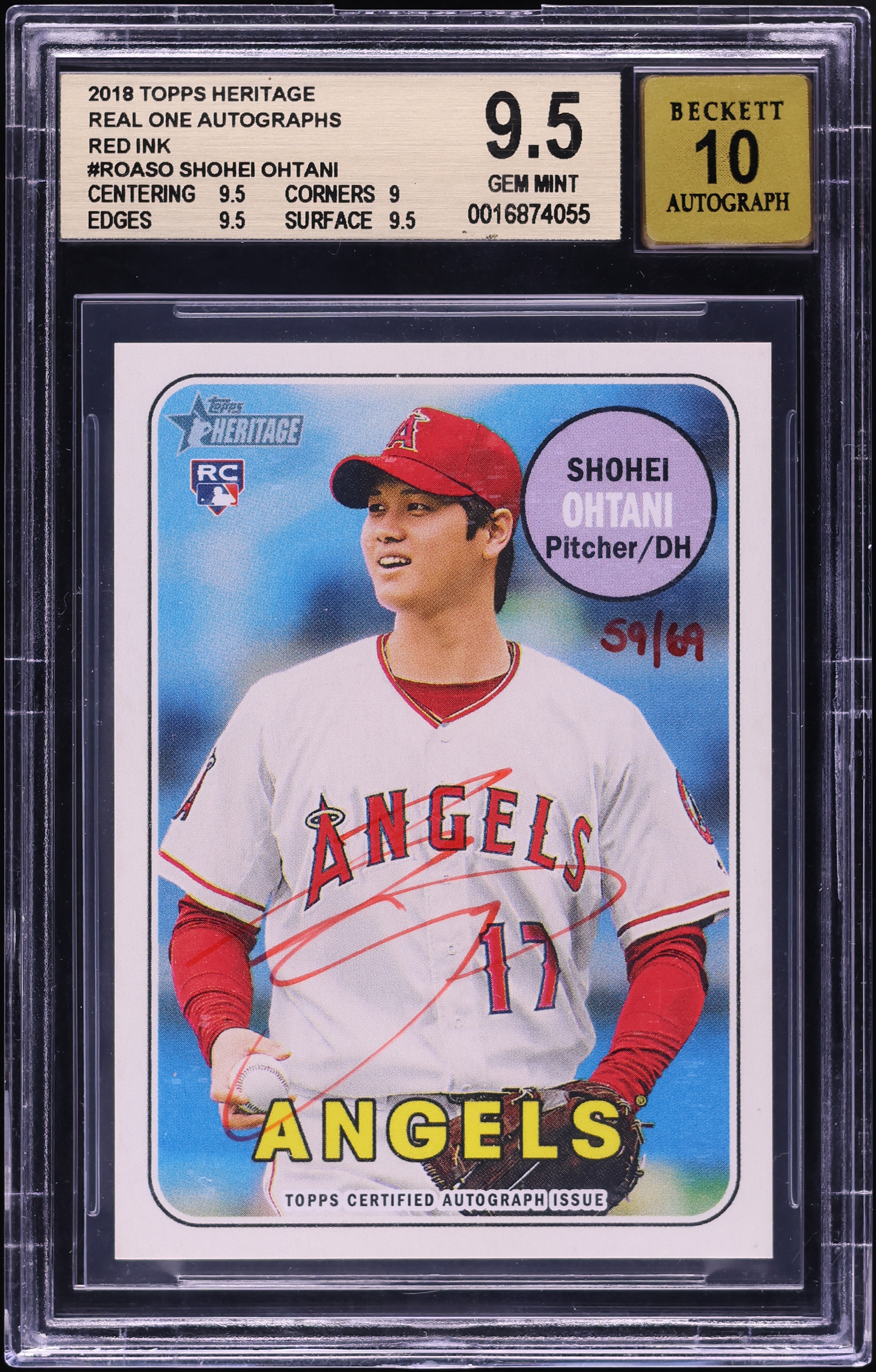 2018 Topps Heritage Real One Red Ink Shohei Ohtani ROOKIE AUTO /69