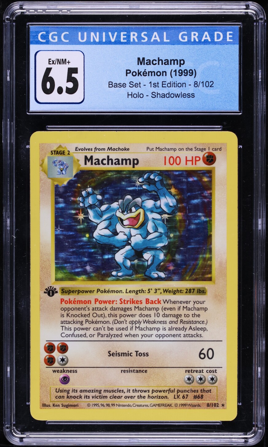 1999 Pokemon Base Set Shadowless 1st Edition Holo Machamp #8 CGC 6.5 EXMT+